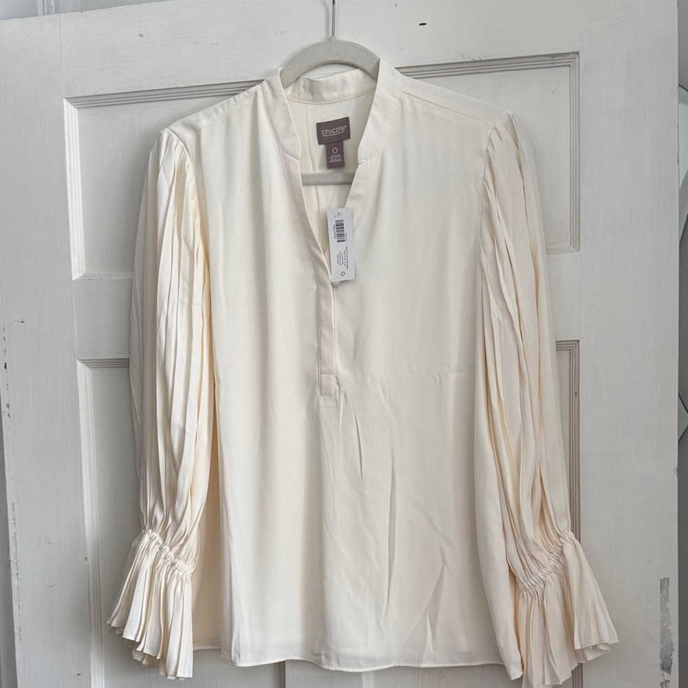 Chico's Cream Pleated-Sleeve Stand Collar Blouse